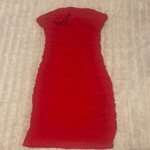 SHEIN Strapless Red Dress with Floral Detail